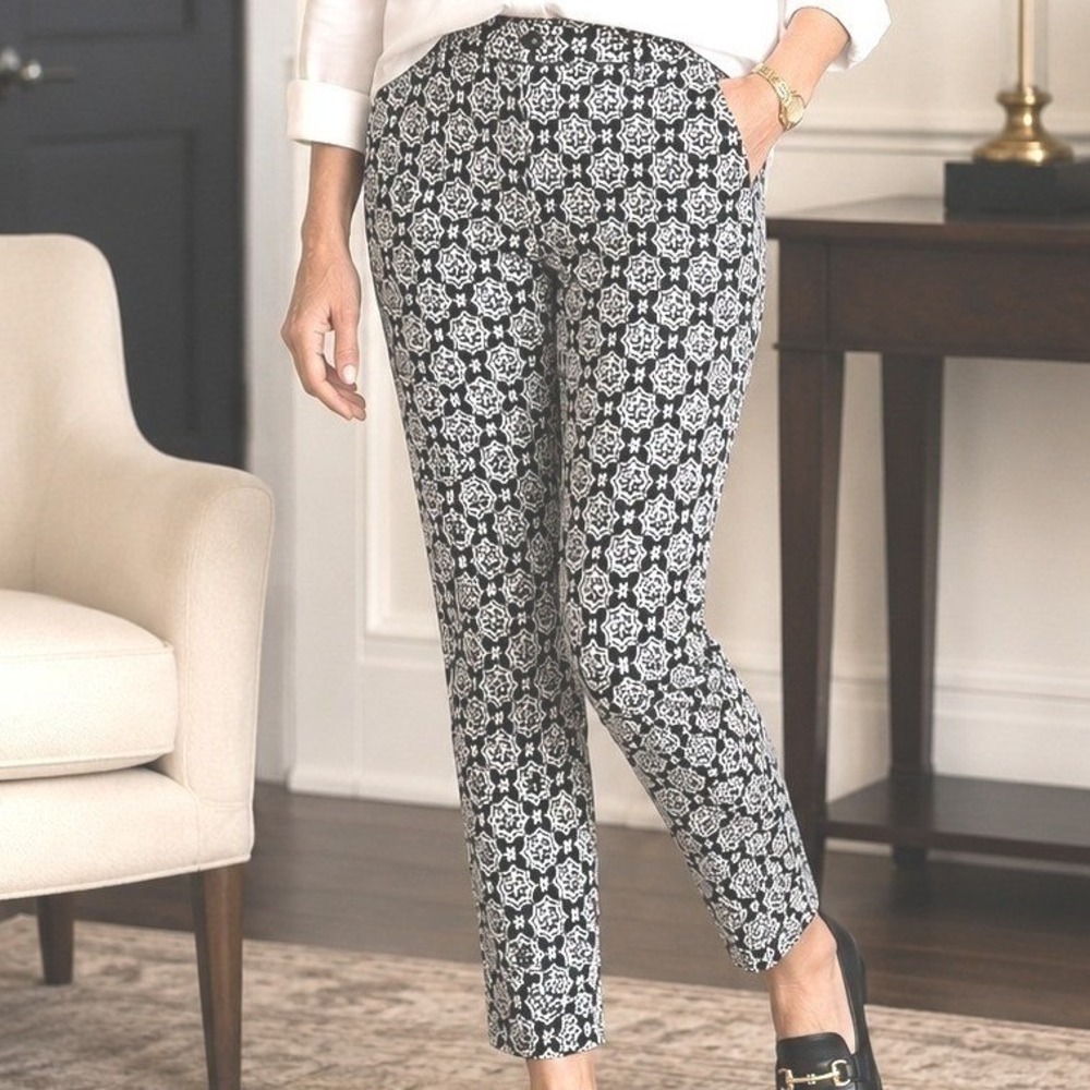 Talbots Chatham‎ Ankle Pants Black White Geometric Print Slim Stretch Career 2